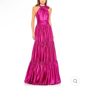Mac Duggal RUFFLE TIERED SOFT TIE HALTER NECK GOWN